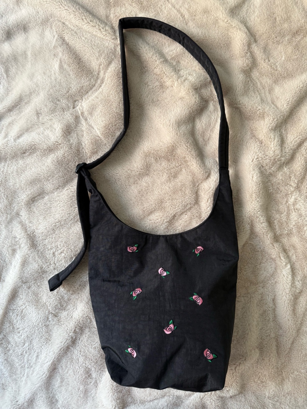 NWT BAGGU Small Nylon Sling Bag Rose Embroidered Rosette